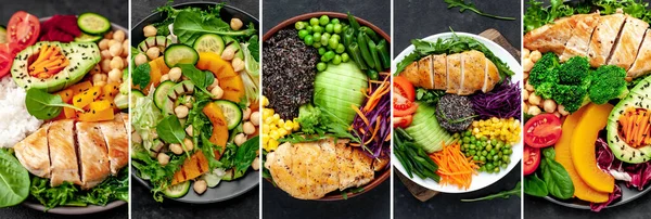 Photo collage of healthy food .Buddha bowls and various healthy food