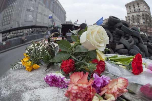 Bloemen in honer van helden gedood op barricades in kiev. — Stockfoto