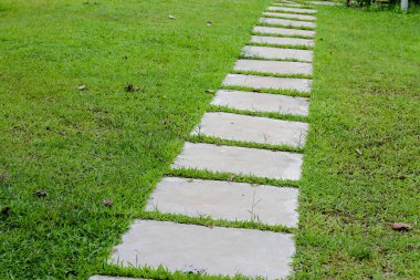 Açık çimenlikteki kare taş kaldırım. Bahçenizi süsleyin..