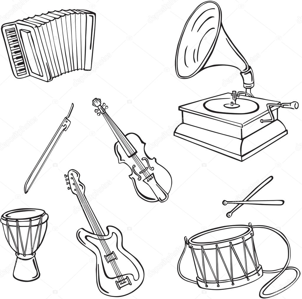 Vector silhouettes of various musical instruments
