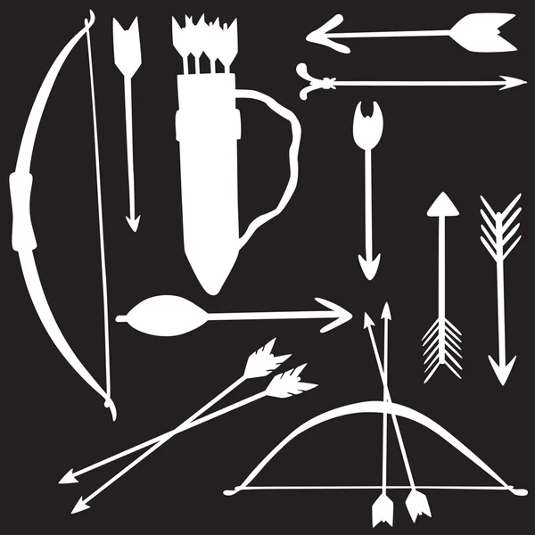 Ilustración vectorial de siluetas de diferentes arcos y flechas — Vector de stock