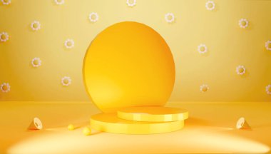 Taç ve çiçeklerle süslenmiş sanal lüks yaz arkaplanı. Minimum spot ışıkları, boş alan, ürün sergisi, güneş kremi, tanıtım indirimi, afiş, sunum, kozmetik. 3 Boyutlu Hazırlama