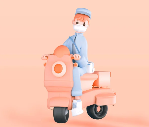 3d render home delivery , rider delivery man in medical mask , parcel box, fast delivery by motorcycle mockup image