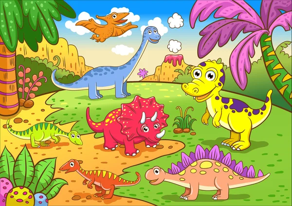 Cute dinosaurs in prehistoric scene — Stock Vector