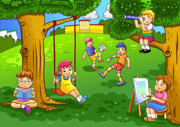 Illustration eines im Garten spielenden Kindes — Stockvektor