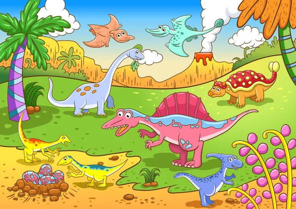 Dinosaurus lucu dalam adegan prasejarah - Stok Vektor