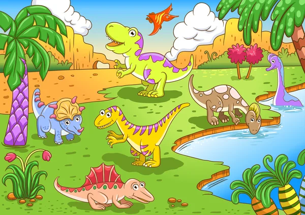 Dinosaurus lucu dalam adegan prasejarah - Stok Vektor
