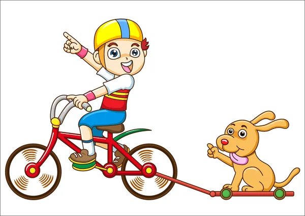 Boy and dog Riding a bicycle — Stock Photo, Image