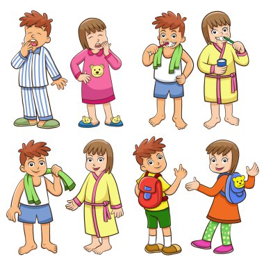 illustration of boy and girl daily morning life. clipart