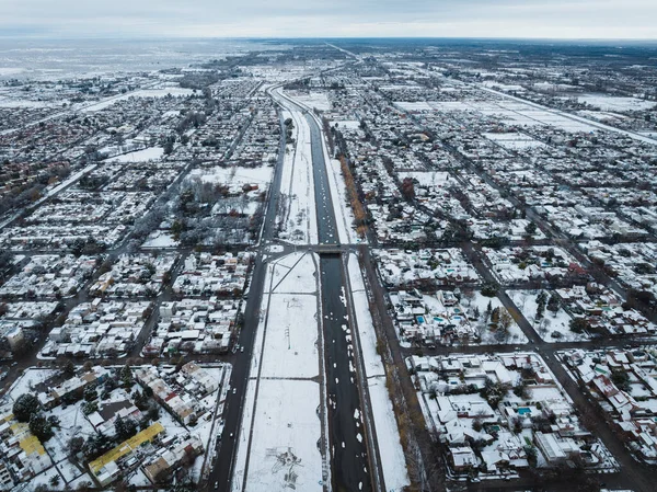 Historic snowfall in Alto Valle, Rio Negro, Argentina. Aerial panoramic view