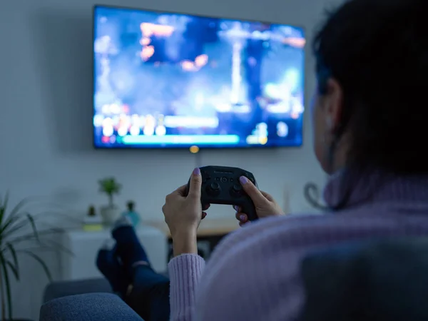 Woman Playing Video Games Wireless Joystick Room Selective Focus — Photo