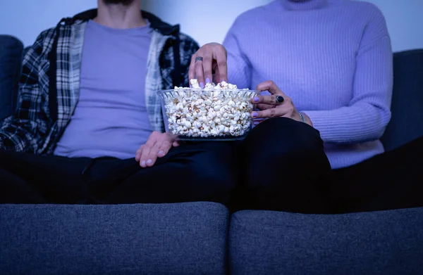 Couple Eating Popcorn Couch Unrecognizable People Selective Focus —  Fotos de Stock