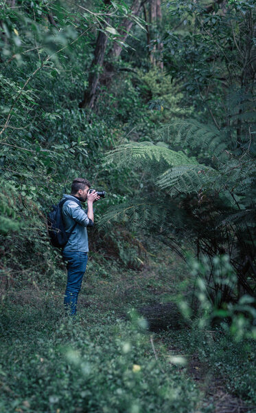 Caucasian photographer taking photos in the middle of the forest. Vertical photography