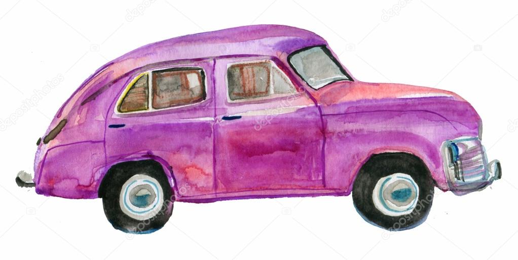 Purple retro car isolated on white background. watercolor