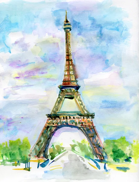 paris şehri suluboya içinde. Eyfel Kulesi'nin boyama