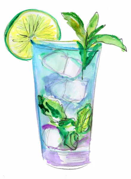 Glass of drink with Ice cube, mint and lime, watercolor illustration — Stock Photo, Image