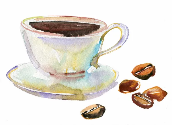 A steaming cup of coffee and coffee beans. watercolor — Stock Photo, Image