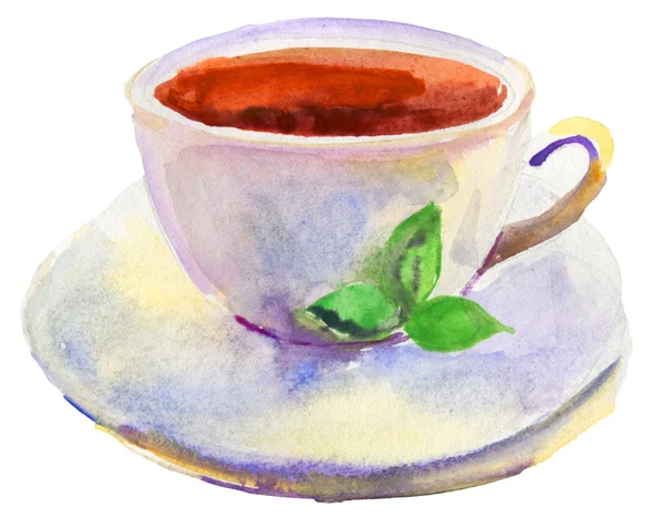 Tasse de thé et une aquarelle feuille verte naturelle — Photo