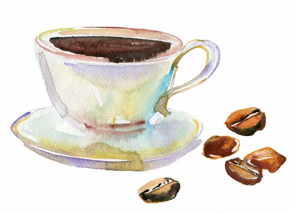 Una taza humeante de café y granos de café. acuarela Imagen de archivo
