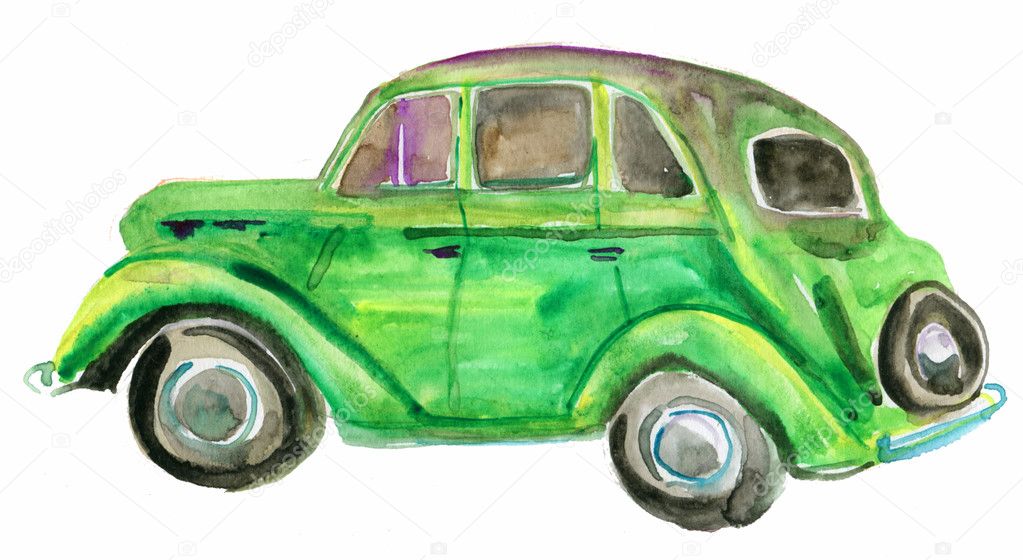 green vintage old car isolated on white background