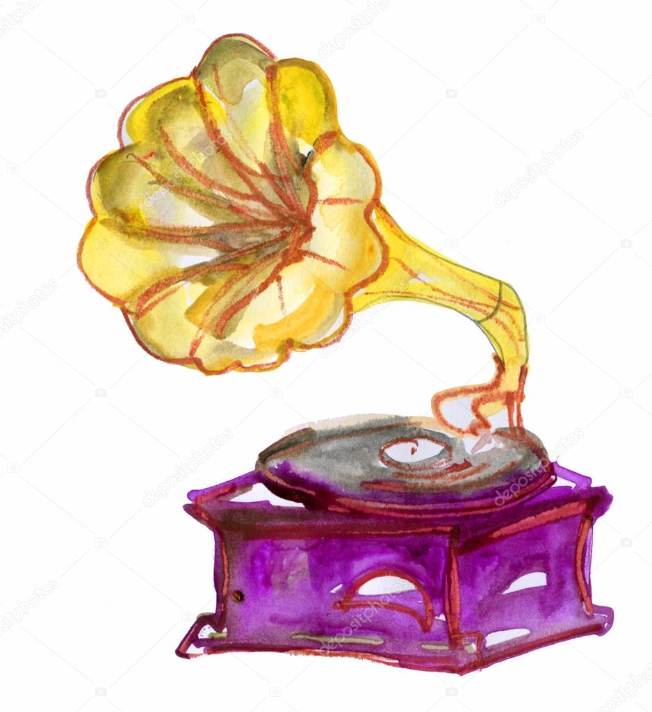 Vintage Gramophone, Record player. watercolor