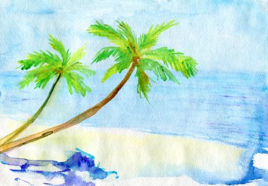 Painted watercolor tropical landscape with palm tree clipart