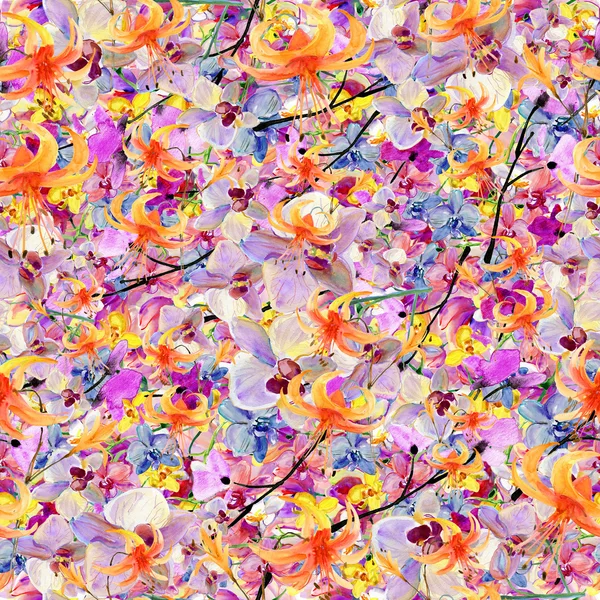 Storczyki kolorowe kwiaty, akwarela bezszwowe ilustracja — Zdjęcie stockowe