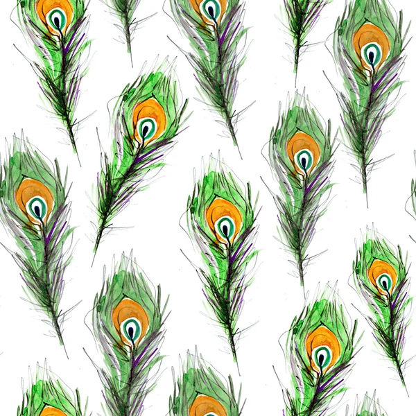 Zielone pawie pióra wzór. akwarela — Zdjęcie stockowe