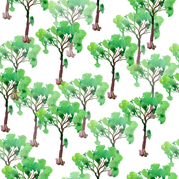 Malowane akwarela wzór zielony drzewo. — Zdjęcie stockowe