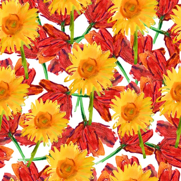 Narzissen und Sonnenblumen. nahtloser Hintergrund. — Stockfoto