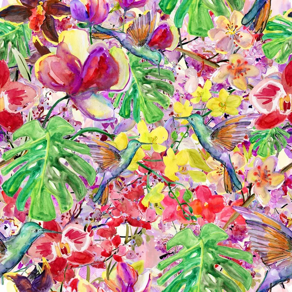 Seamless watercolor pattern, flora tropical flowers, birds and leaves. — Stock Photo, Image