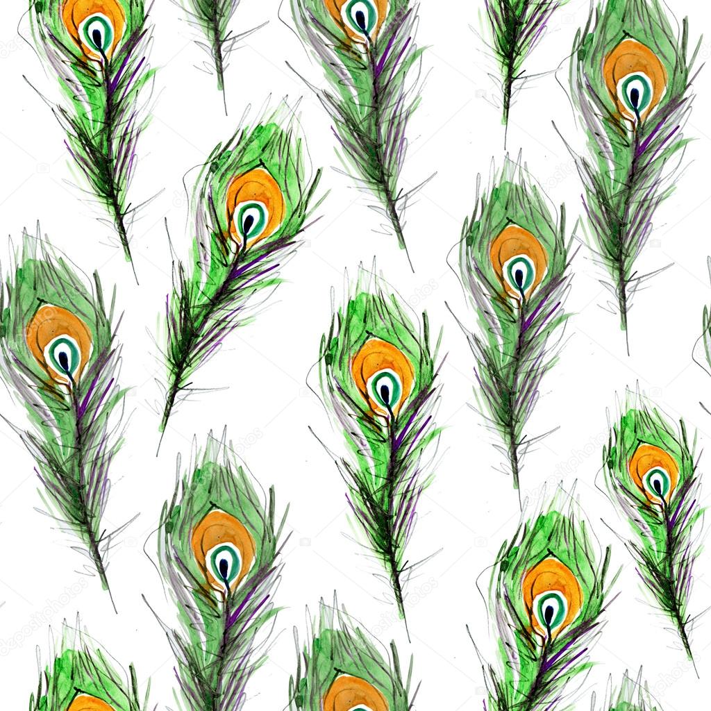 Green Peacock Feathers pattern. watercolor