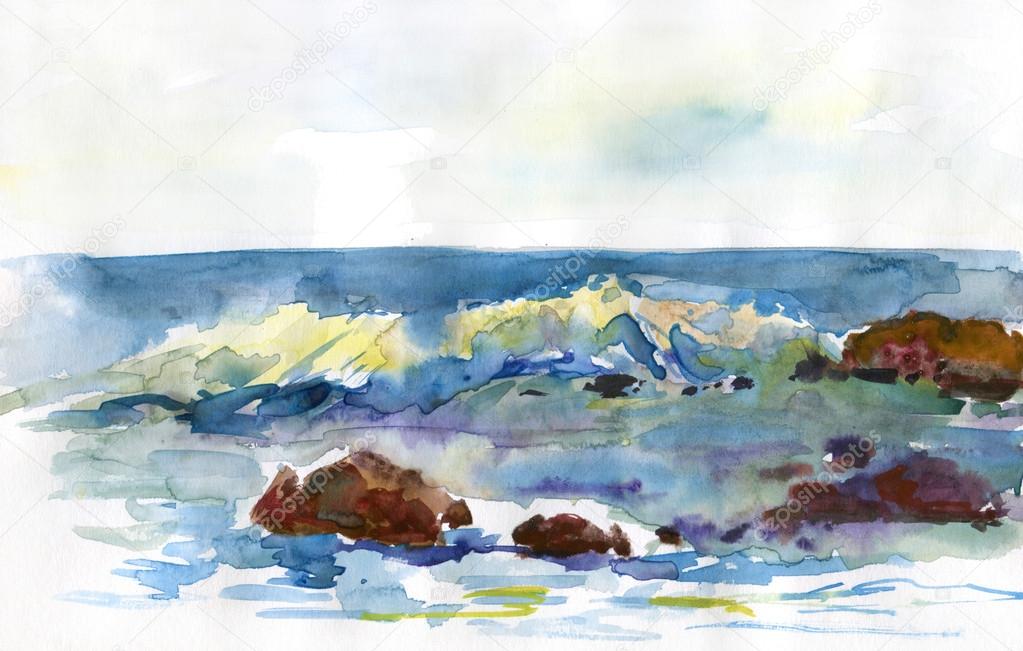 Ocean wave with slightly cloudy sky watercolor