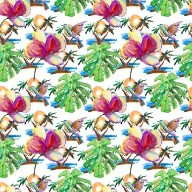 Sulu Boya Dikişsiz desen, flora tropik çiçekler, kuşlar ve yaprakları.