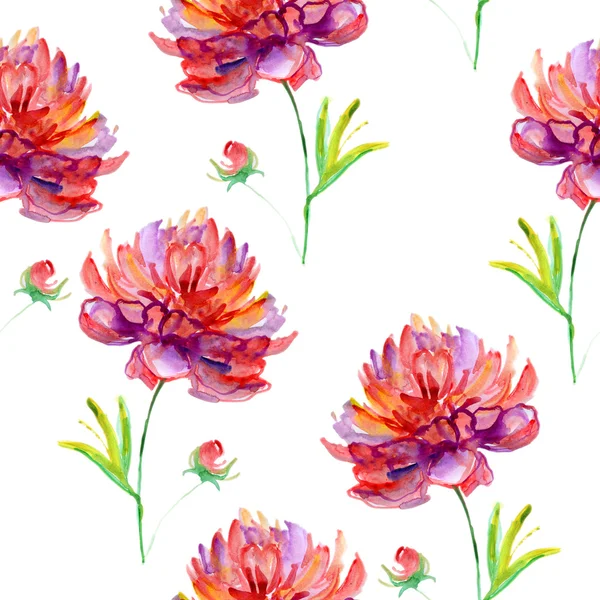 无缝模式与牡丹花朵。水彩插画 — 图库照片