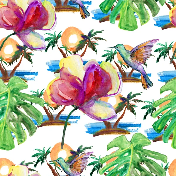 Vzor bezešvé akvarel flóry tropické květiny, ptáci a listy. — Stock fotografie