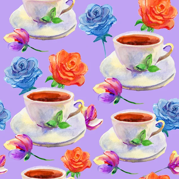 Seamless watercolor background with cups and flowers — Stock Photo, Image