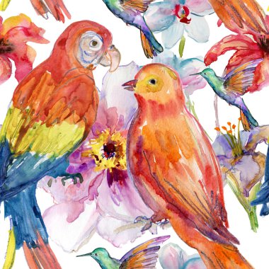 Flora tropik çiçekler, kuşlar ve yaprakları.