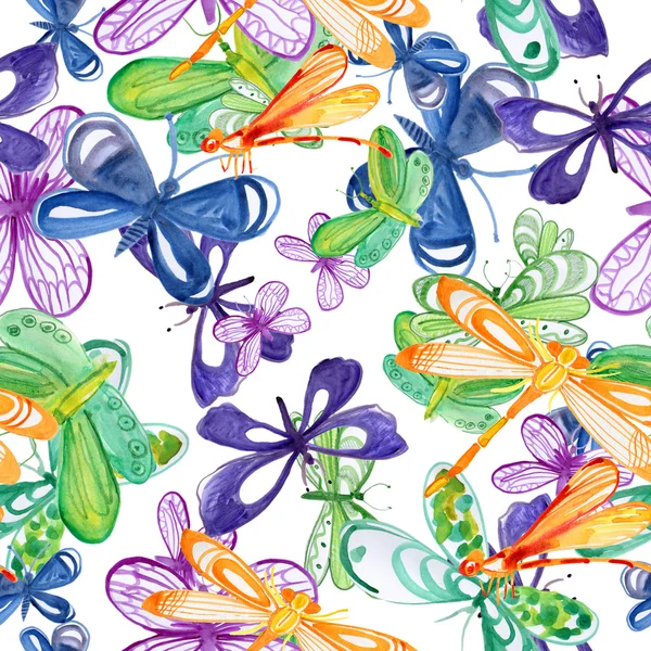 与蝴蝶 蜻蜓和花朵水彩画的惊人背景 — 图库照片