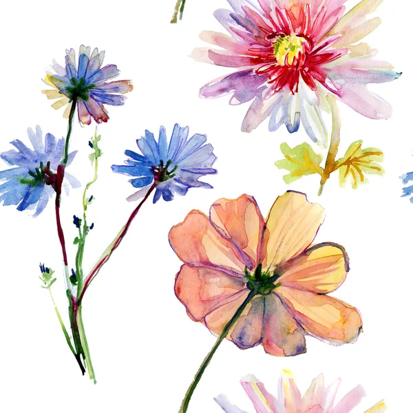 Seamless wallpaper with wild flowers, watercolor illustration — Stock Photo, Image