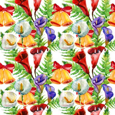 Calla lily çiçekler, eğreltiotu ve çan, suluboya resim, seamless modeli