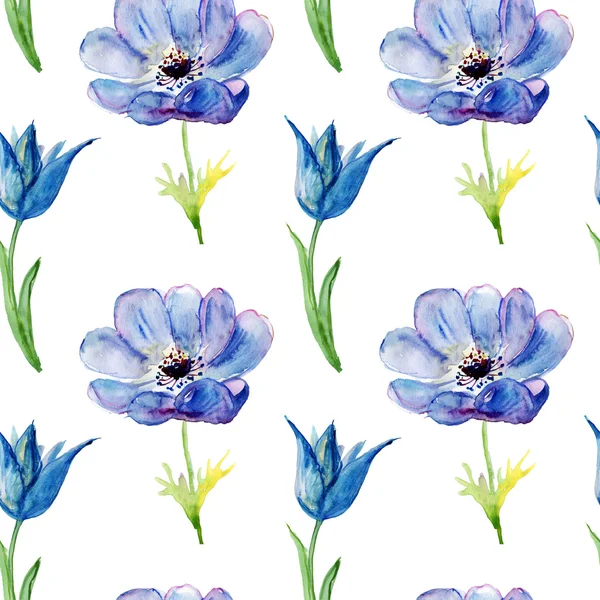 Seamless wallpaper with Summer blue flowers, watercolor illustration — Stock Photo, Image