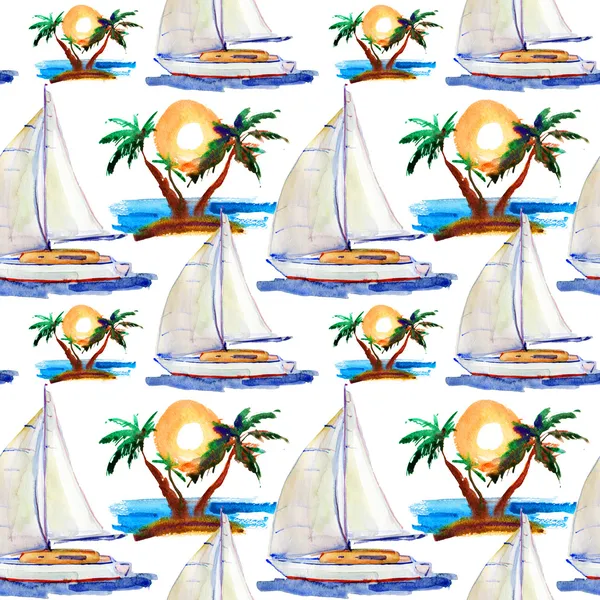 Бесшовный рисунок акварели. яхта и пальма — стоковое фото