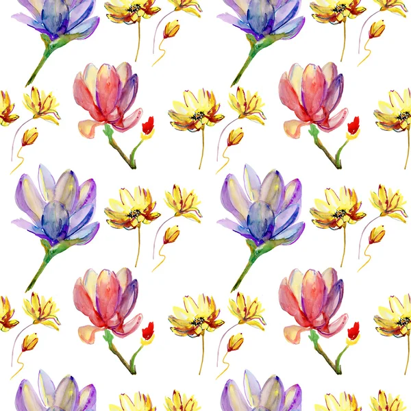 Colorful pink flowers, watercolor illustration, seamless pattern — Stock Photo, Image