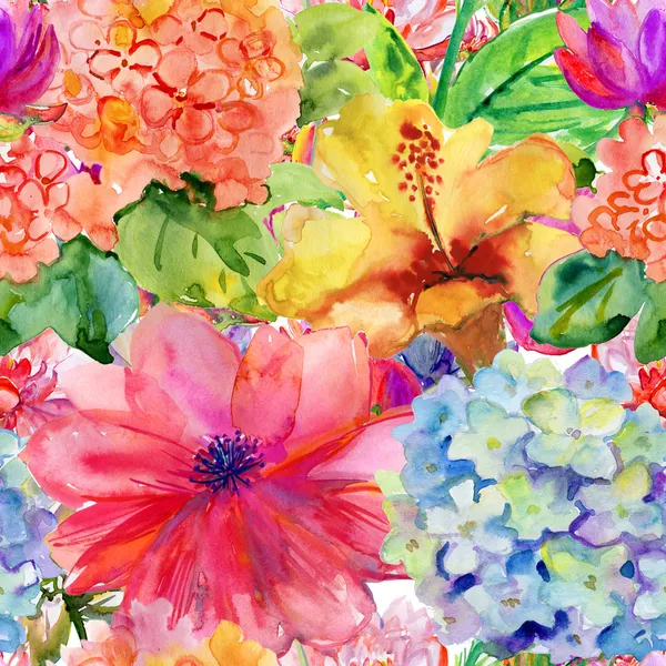 Abstract watercolor hand painted backgrounds with magnolia, hibiscus and orchid. Stock Picture