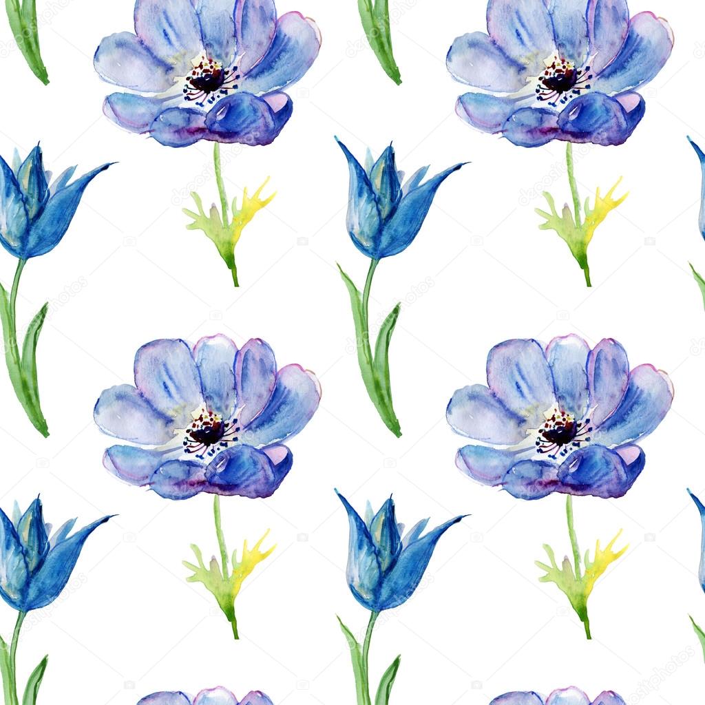 Wallpaper Blue Flowers Seamless Wallpaper With Summer Blue Flowers Watercolor Illustration Stock Photo C Olies