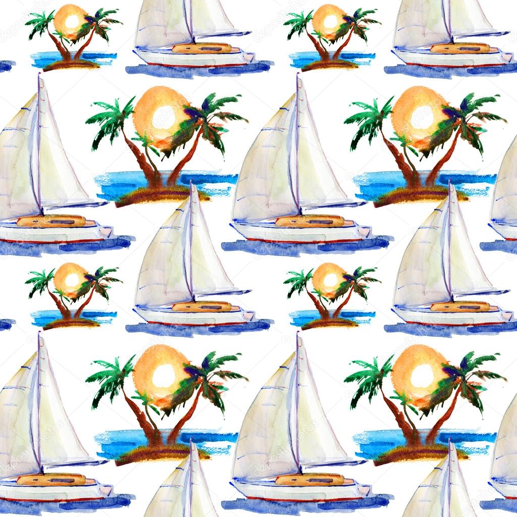 Watercolor seamless pattern. yacht and palm tree