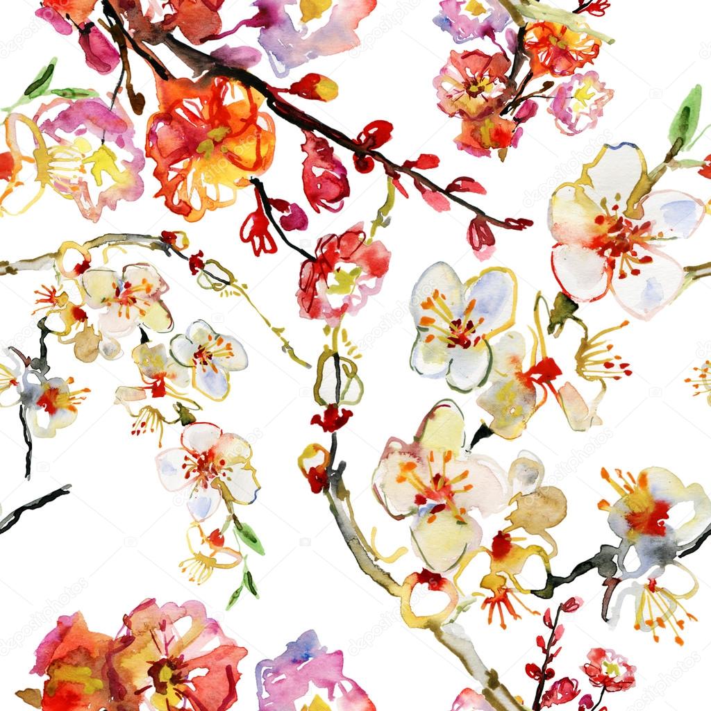 Beautiful watercolor seamless pattern with sakura flowers