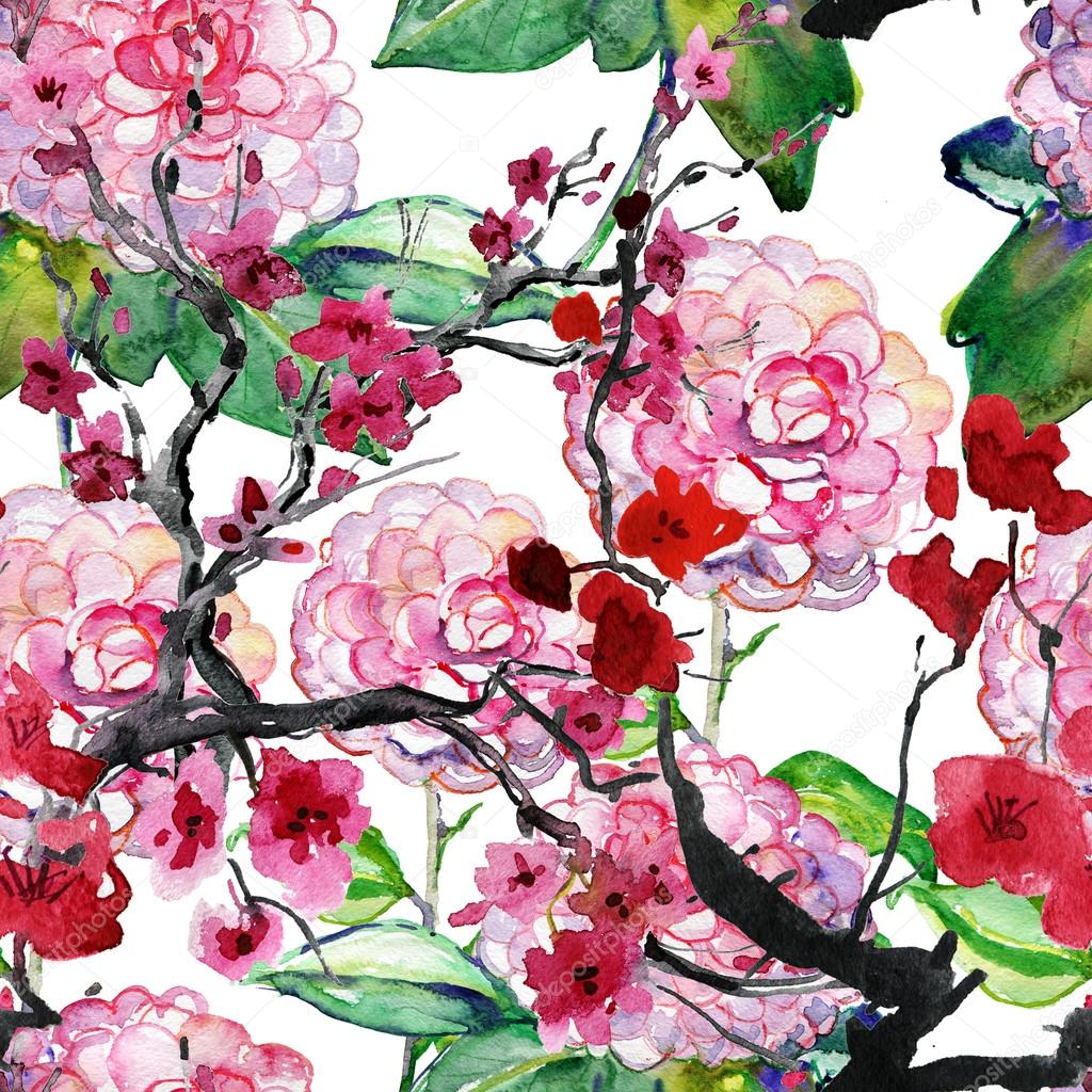 Cherry, pink camellia and plums flowers.