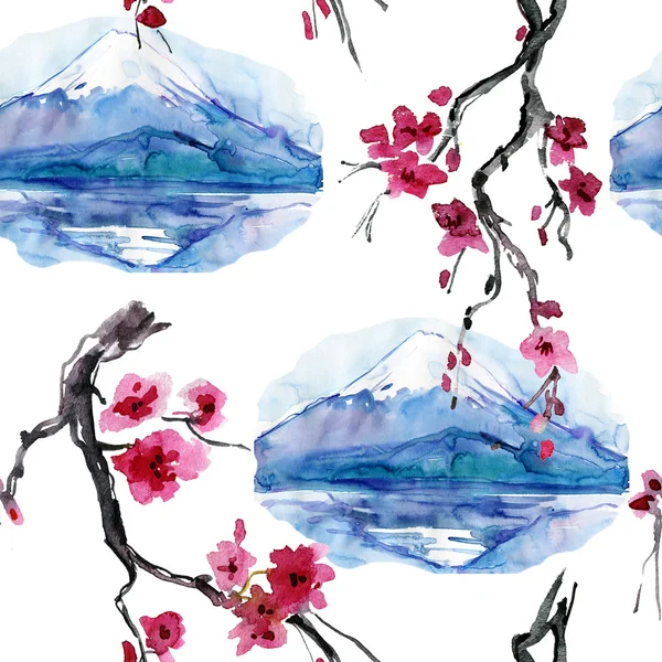 Fiore di prugna e pittura di Fuji . — Foto Stock